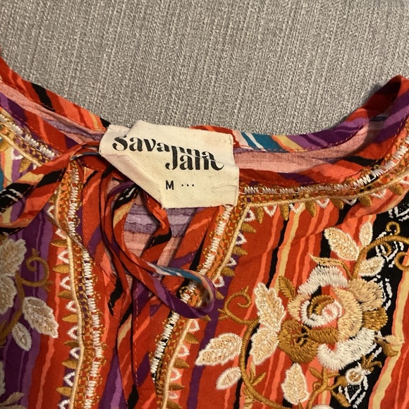 Savanna Jane Stripe Embroidered Tassel Tie Top In Multi Color SZ M - Picture 4 of 6